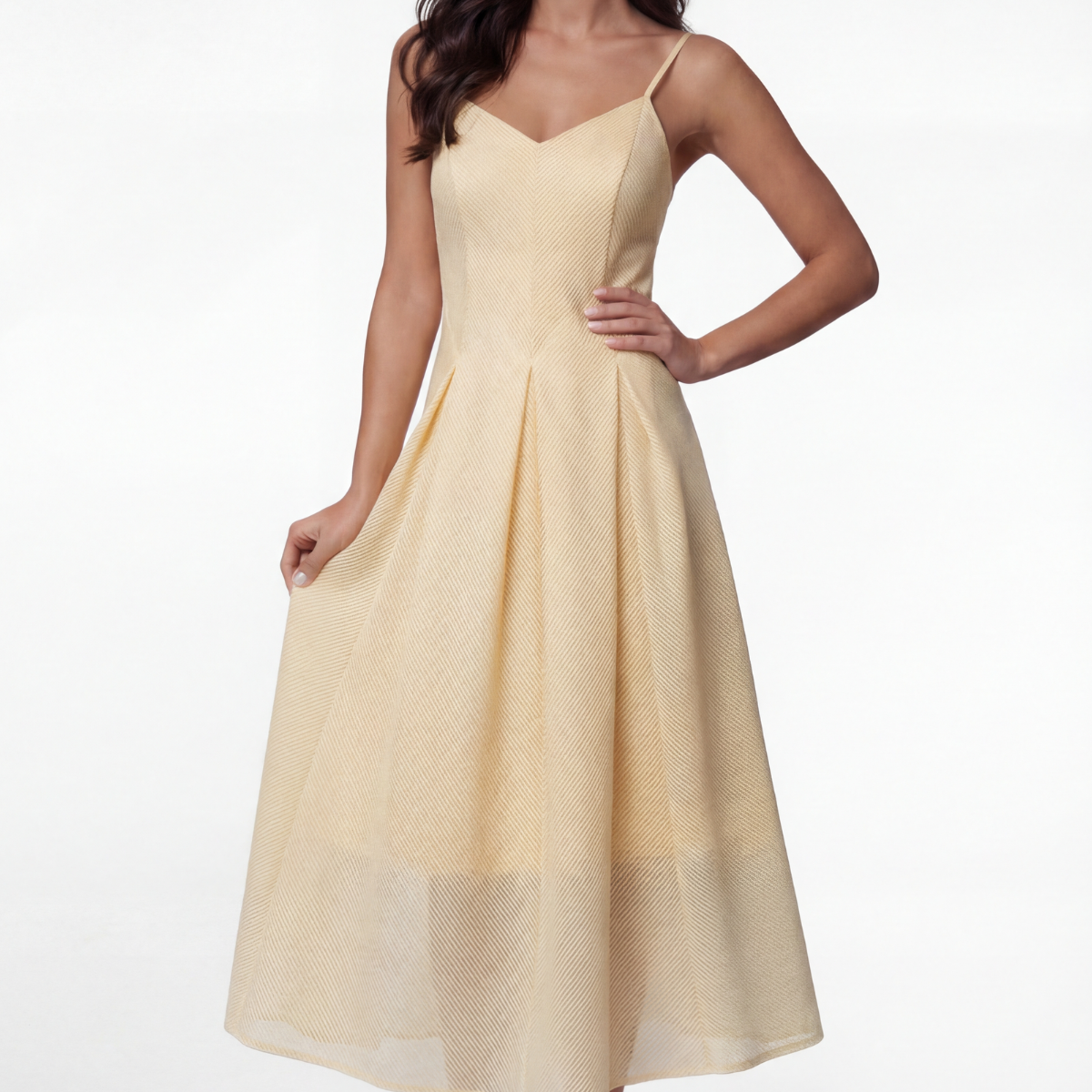 Ivory A-line midi dress with textured fabric and flared skirt, styled for a formal daytime occasion at Luna Fashion House.