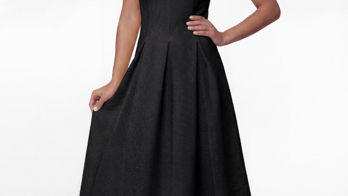 Four elegant handmade European dresses for wedding guests including a champagne gold off shoulder cocktail dress, an ivory lace cocktail dress, and two black midi dresses displayed against a soft neutral background