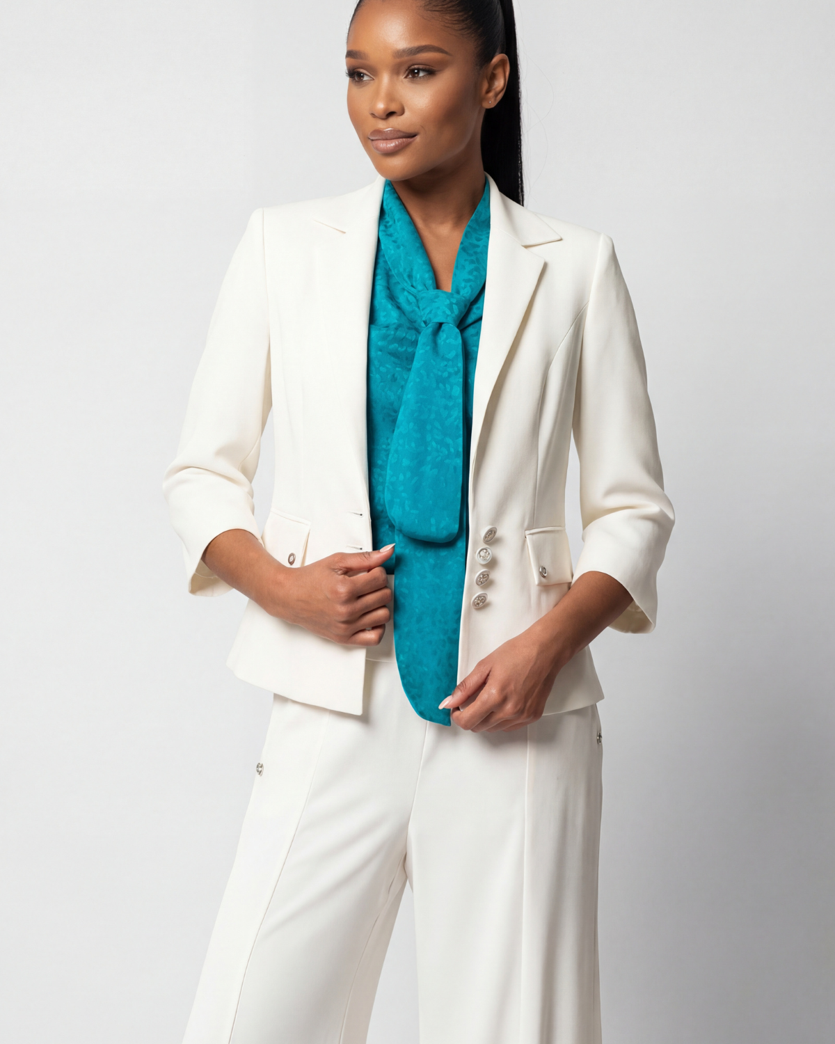 Alexa Tailored Blazer in White. Tailored blazer. Defined waist.