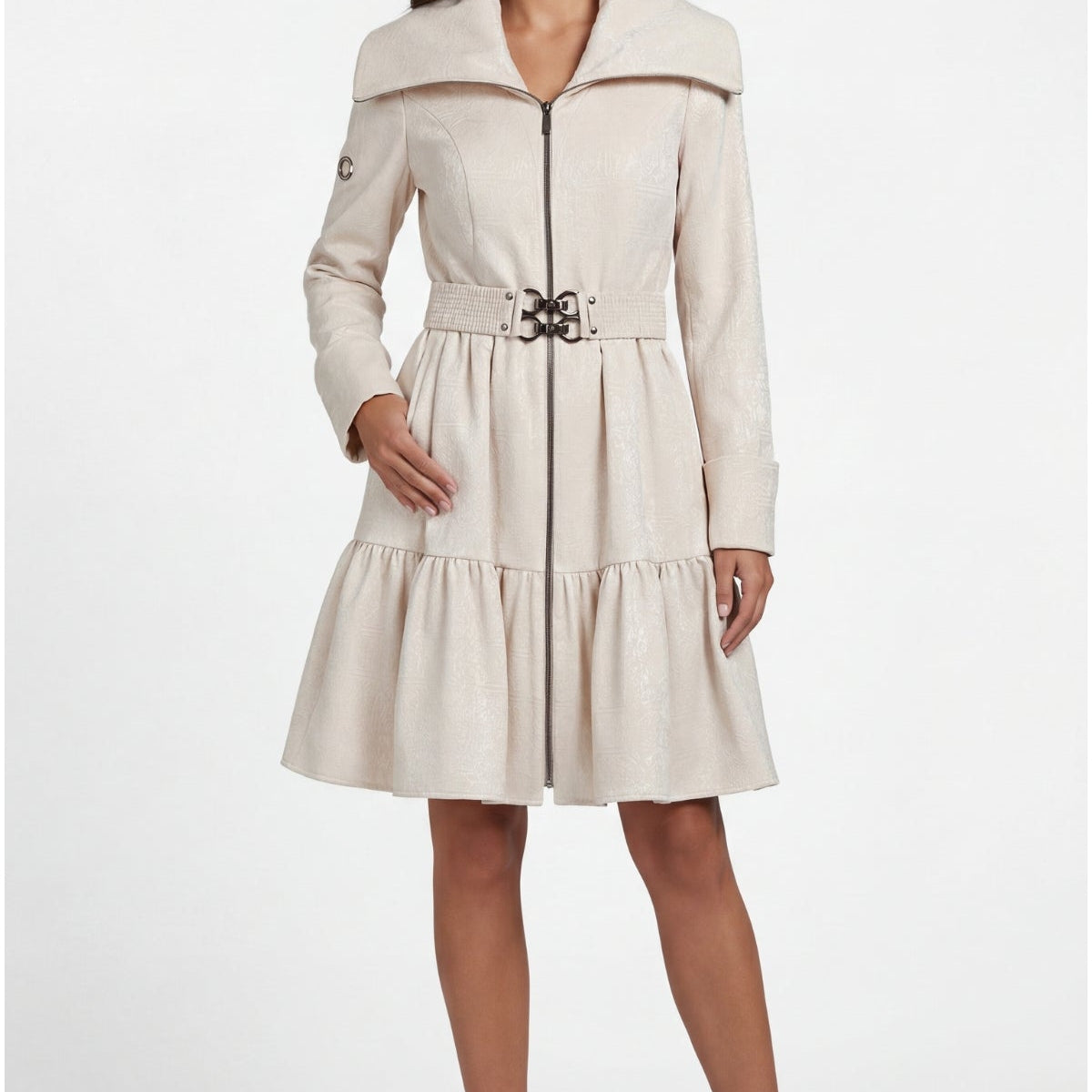 Belted light coat layered over a dress as mid-weight outerwear