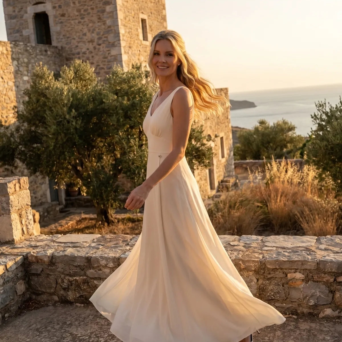 Ivory long dress with cape sleeves moving, by the sea
