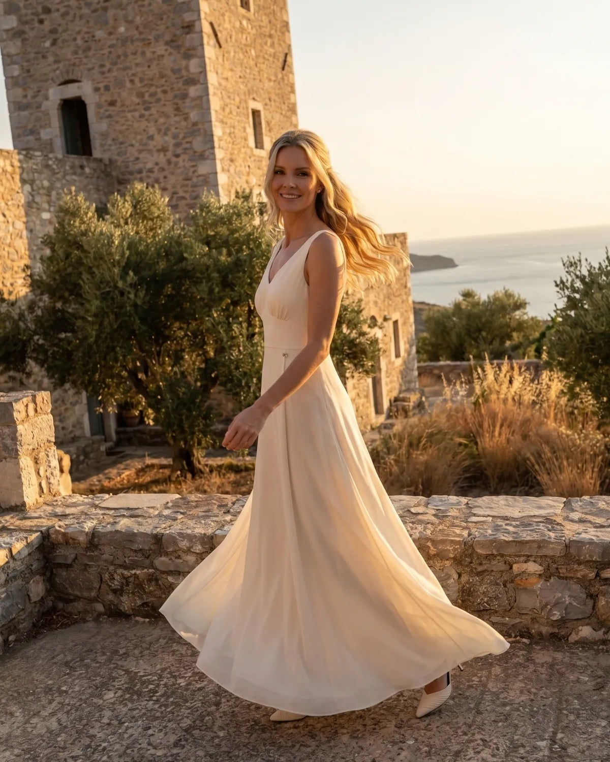 Ivory long dress with cape sleeves moving, by the sea