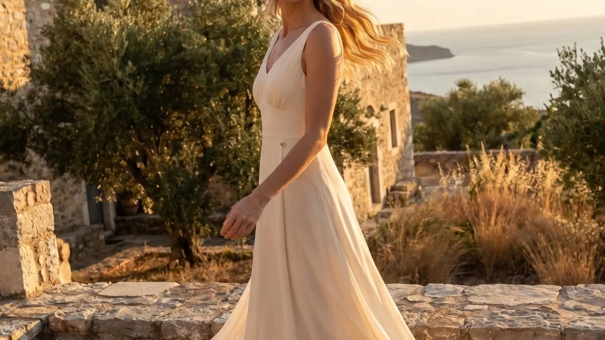 Ivory long dress with cape sleeves moving, by the sea