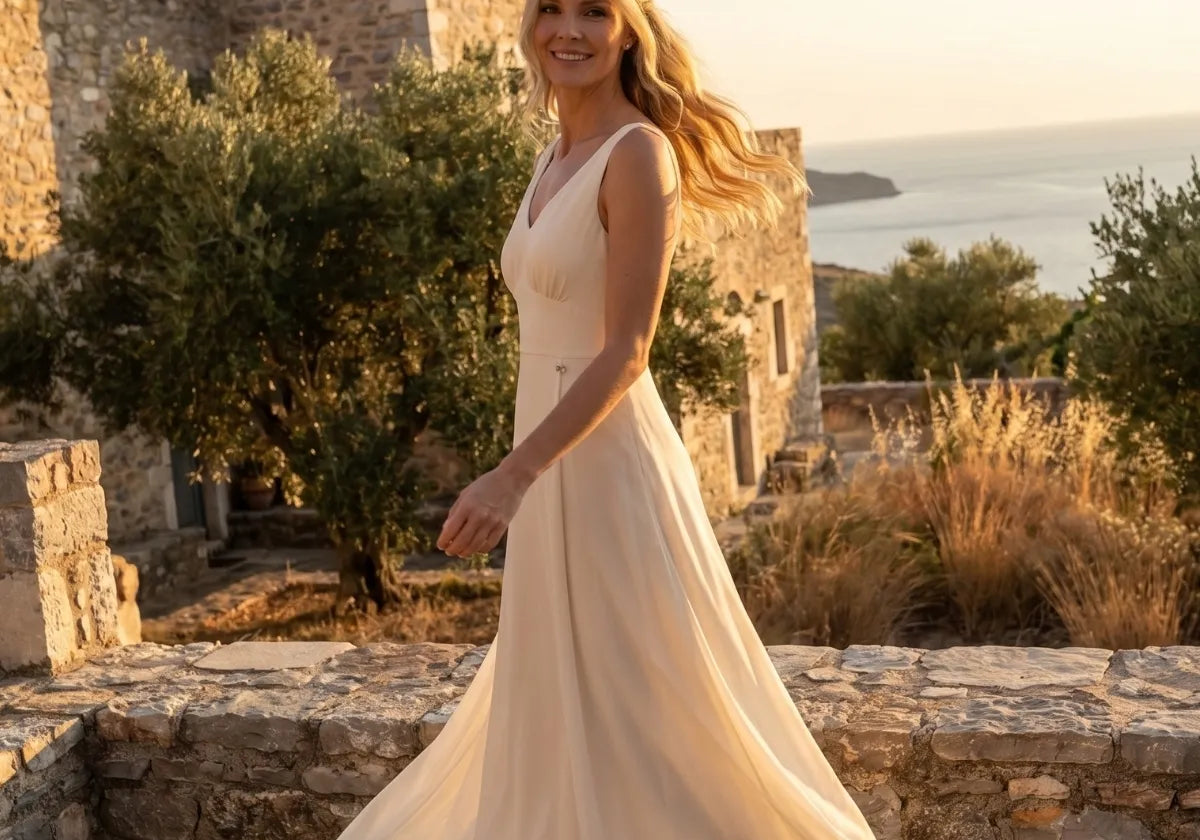 Ivory long dress with cape sleeves moving, by the sea