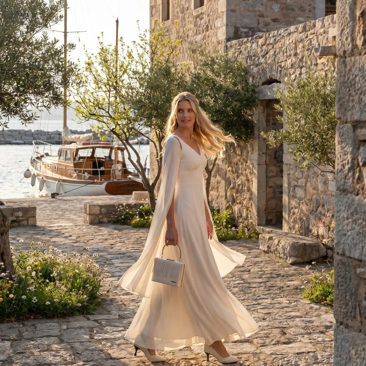 Woman in a light midi dress dressing for a European summer city street