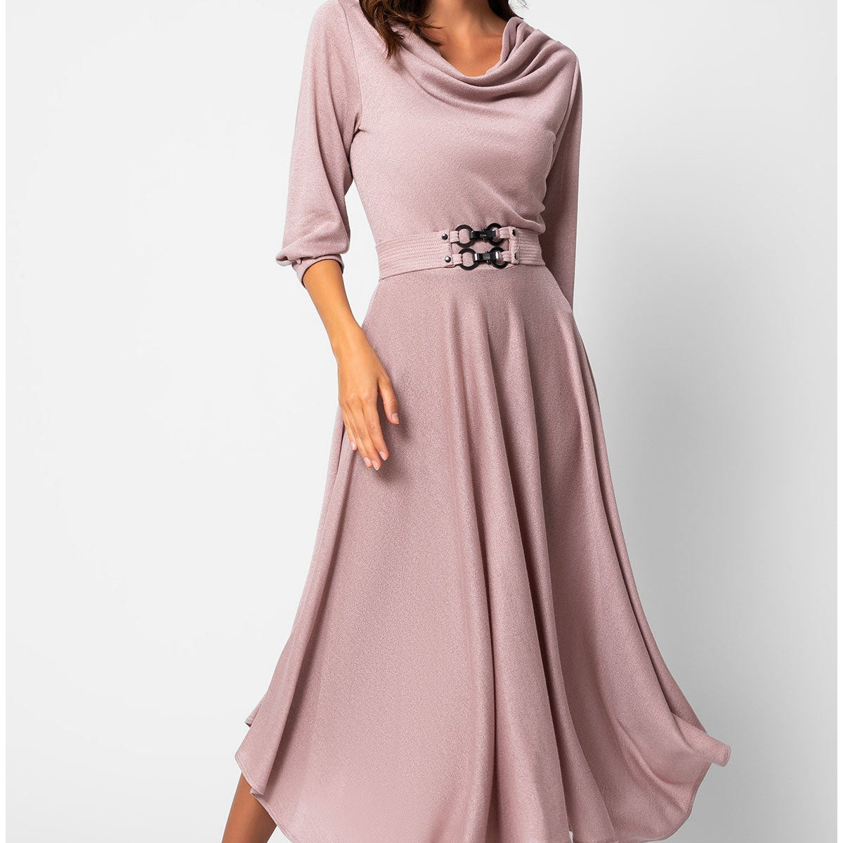 Pink elegant midi dress with square neckline, pleated skirt and sculptural belt buckle, photographed in natural studio light