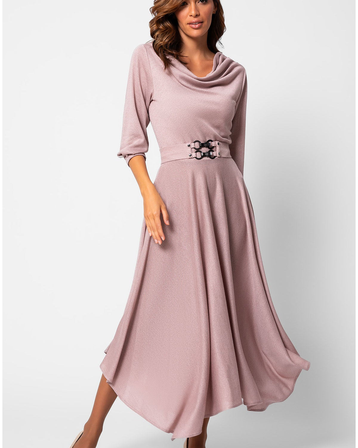 Pink elegant midi dress with square neckline, pleated skirt and sculptural belt buckle, photographed in natural studio light