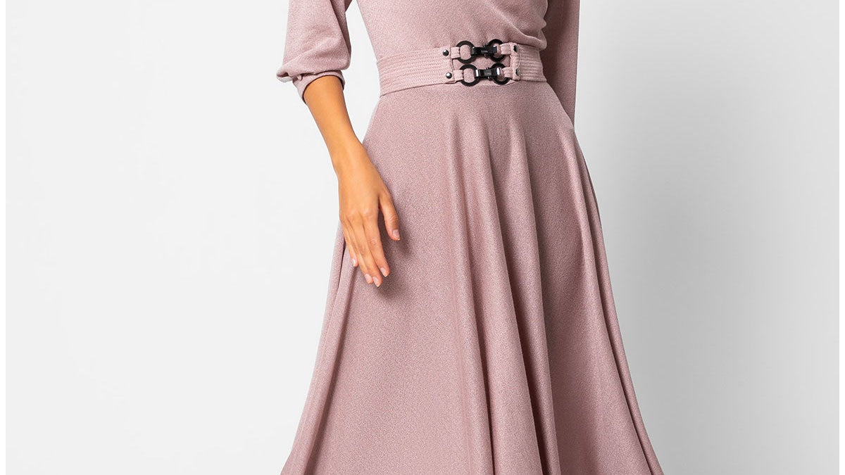 Pink elegant midi dress with square neckline, pleated skirt and sculptural belt buckle, photographed in natural studio light