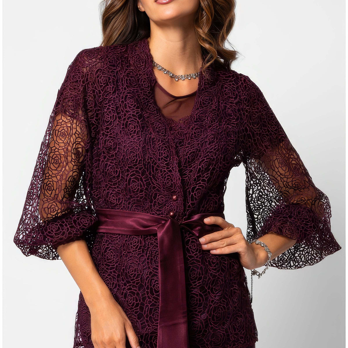 Burgundy lace belted sweater with draped silhouette and satin waist belt in deep wine botanical fiber knit for Christmas dinner