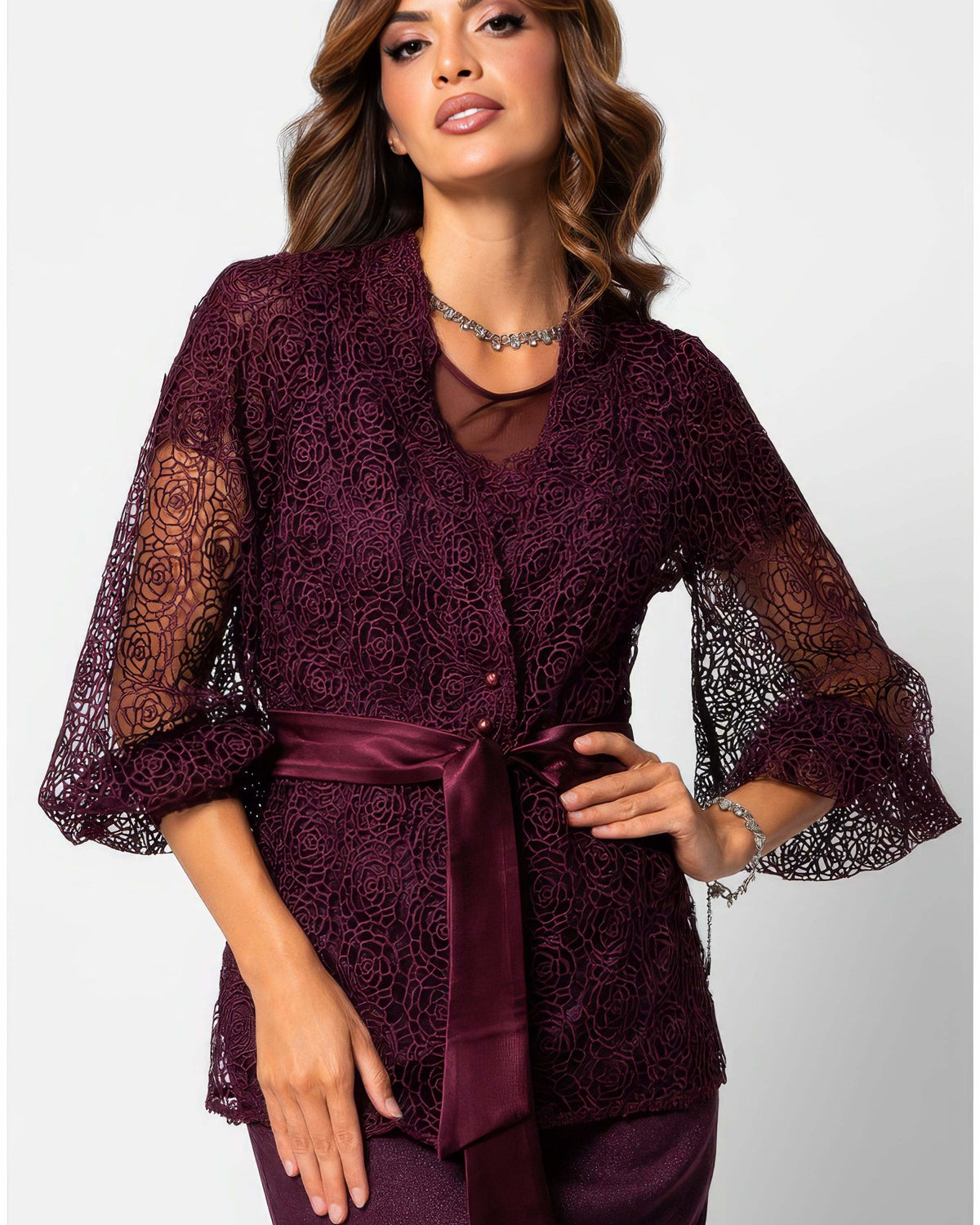 Burgundy lace belted sweater with draped silhouette and satin waist belt in deep wine botanical fiber knit for Christmas dinner