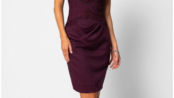 A selection of handmade occasion dresses from Luna Fashion House including burgundy lace, champagne gold, pink midi, and navy jacquard styles displayed in a European atelier setting