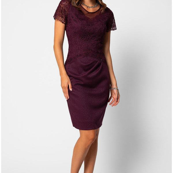 Fitted burgundy lace midi cocktail dress with short sleeves and V-neckline, styled for an autumn wedding guest occasion.