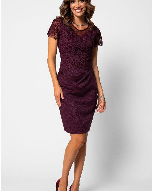 Fitted burgundy lace midi cocktail dress with short sleeves and V-neckline, styled for an autumn wedding guest occasion.