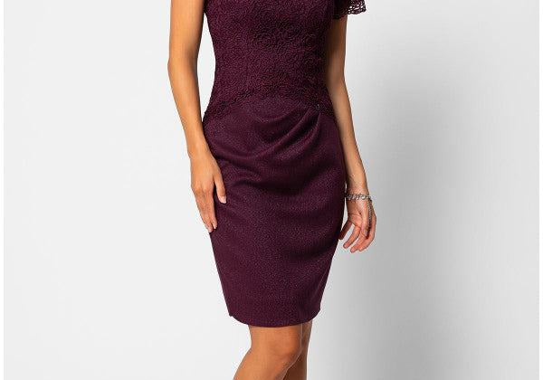 Deep wine burgundy lace midi cocktail dress with V-neckline and short lace sleeves on a neutral studio background
