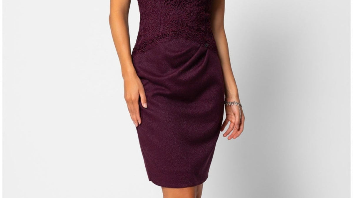 Bordeaux lace cocktail dress with sheer sleeves, shown for a guide to the cocktail dress for women in their 30s