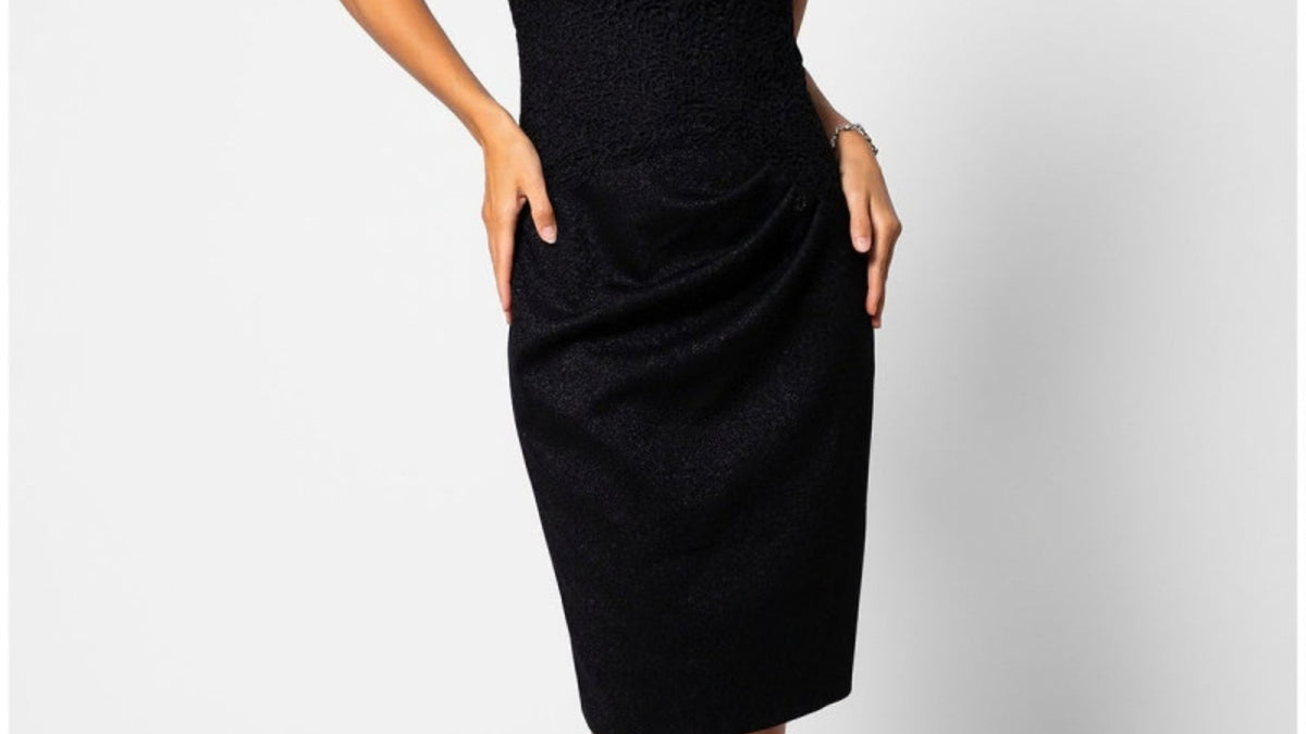 Black lace cocktail dress with sheer sleeves, shown for a guide to buying a dress online