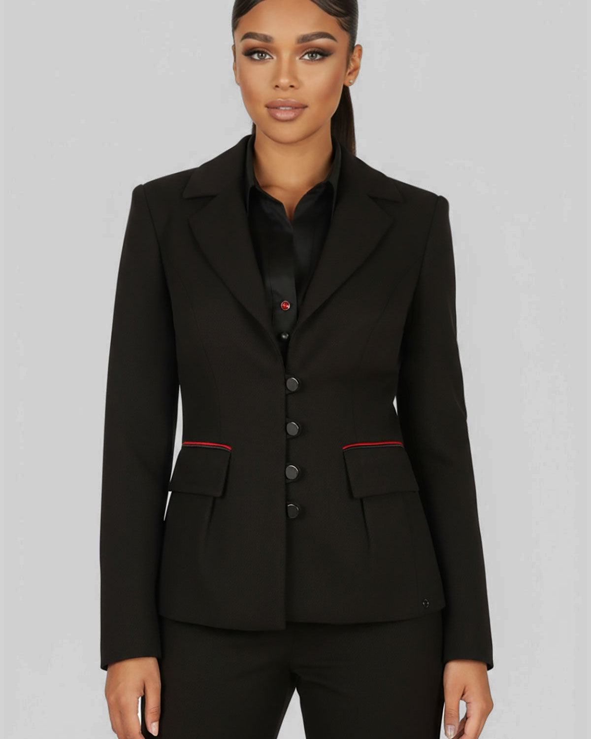 Navy midi sheath dress with illusion mesh sleeves and jeweled collar clasp on a tailored European silhouette