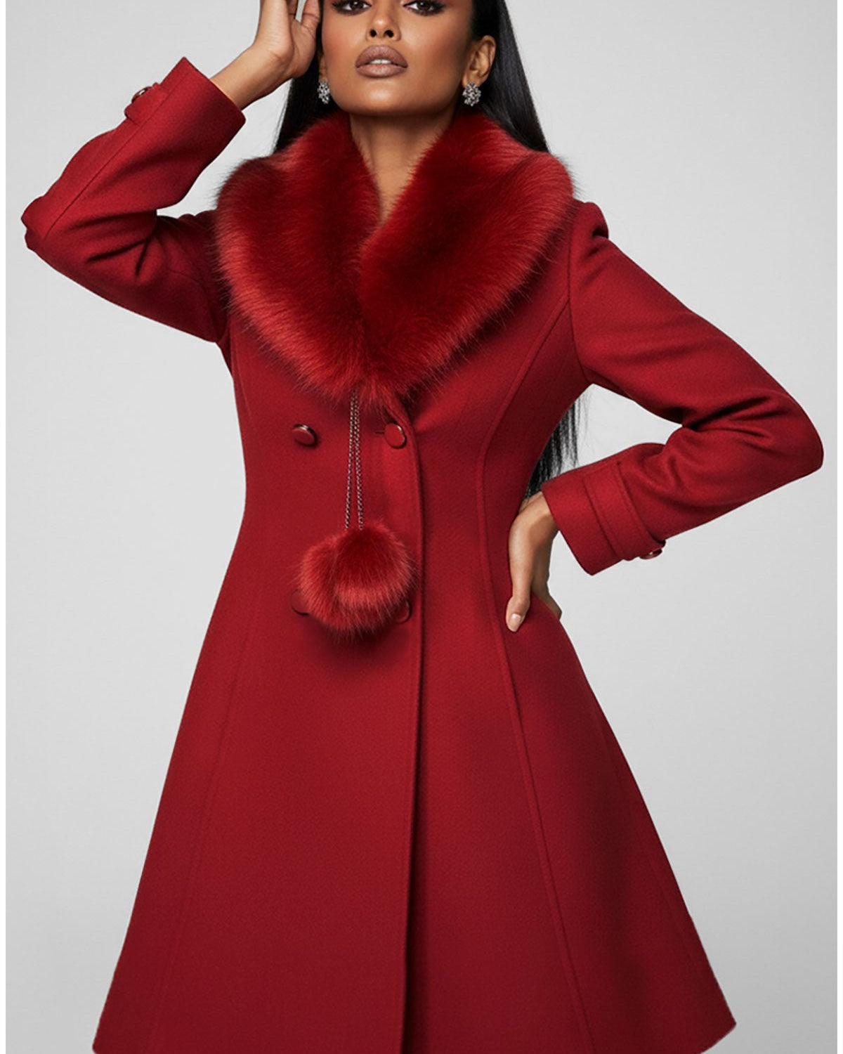 Red wool coat fitted through the waist with a large red faux-fur collar, double-breasted front, and flared knee-length skirt, by Luna Fashion House