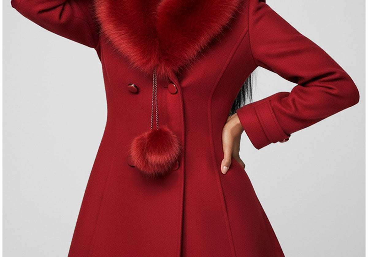 Red Wool Coat with Faux Fur Collar, Lucy, on the model: a knee-length double-breasted red coat with a fitted waist, a flared skirt, and a large red faux fur shawl collar