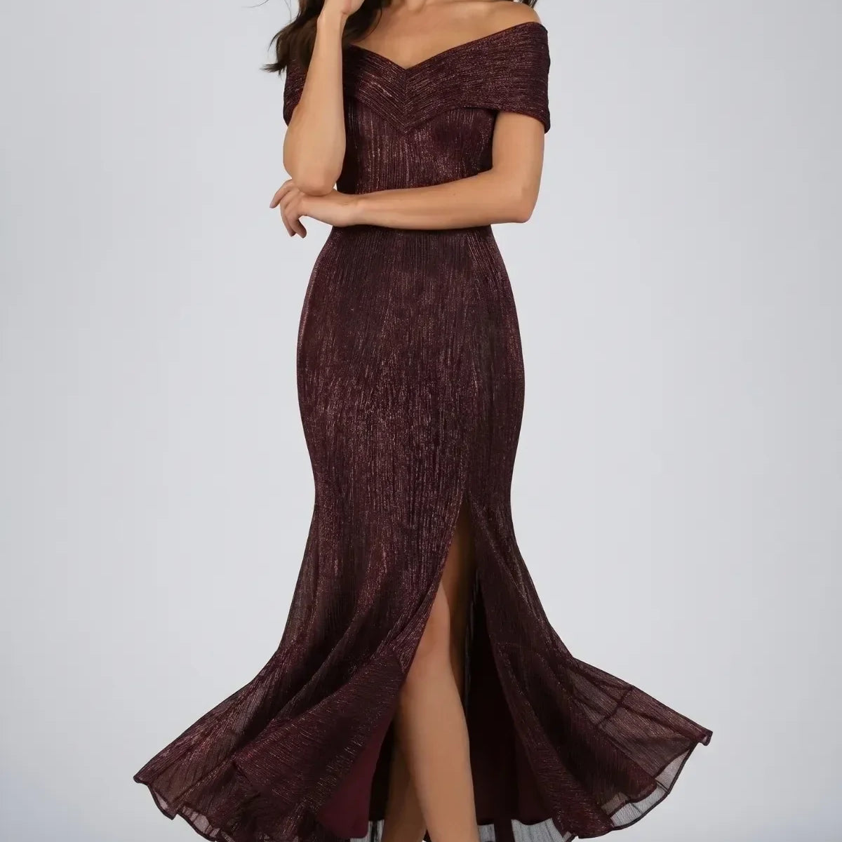 Selection of Luna Fashion House handmade occasion and evening gowns including off-shoulder metallic and lace styles in burgundy navy grey and beige