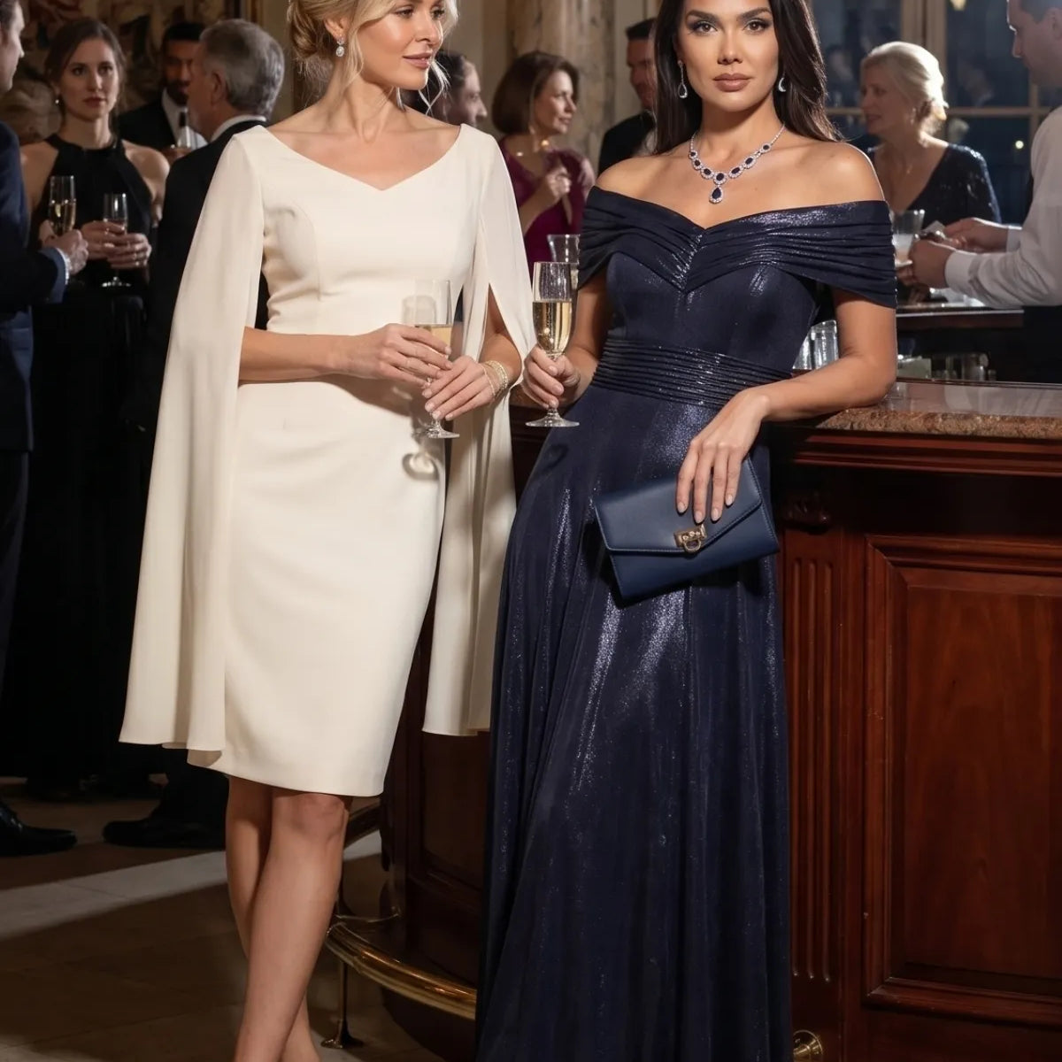 Floor-length evening gown beside a cocktail dress for formal events