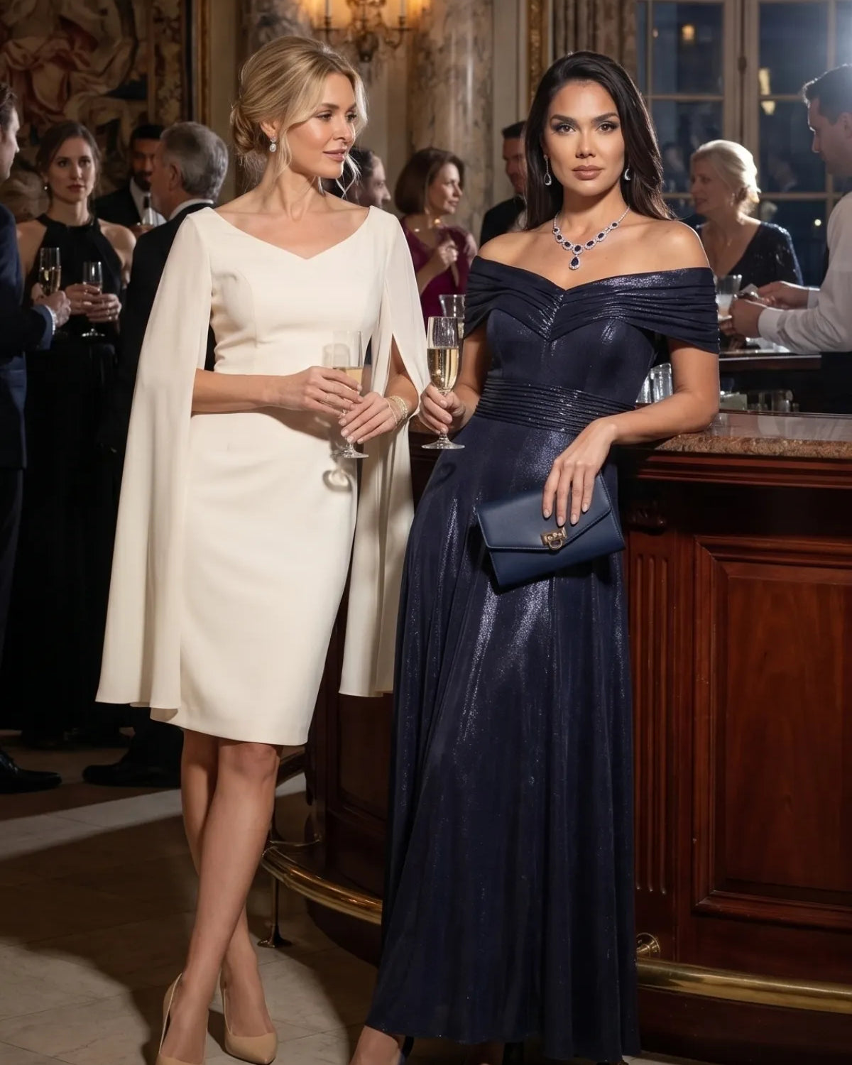 Floor-length evening gown beside a cocktail dress for formal events
