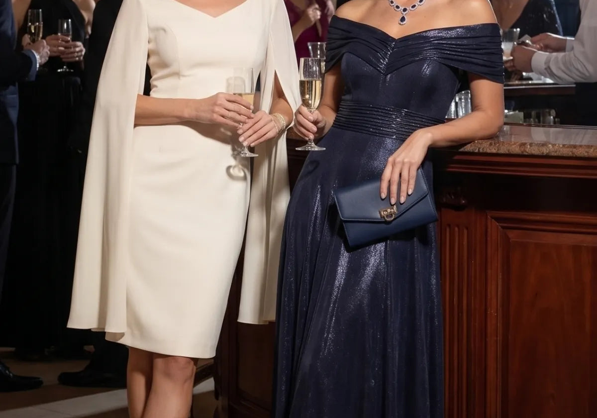 Floor-length evening gown beside a cocktail dress for formal events