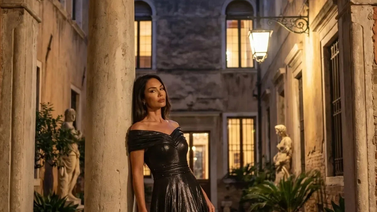 Gray Off-Shoulder Maxi Gown, Iris by Luna Fashion House, handcrafted in Europe, styled for the occasion