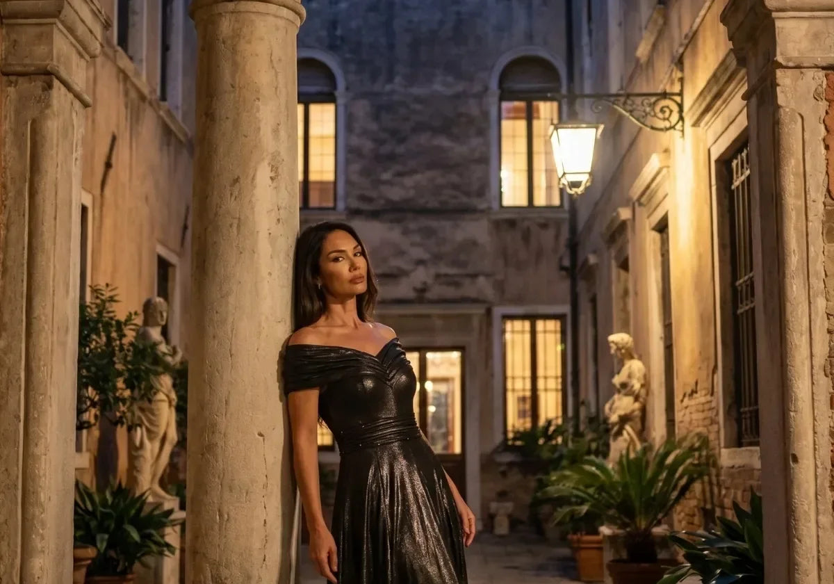 Gray Off-Shoulder Maxi Gown, Iris by Luna Fashion House, handcrafted in Europe, styled for the occasion