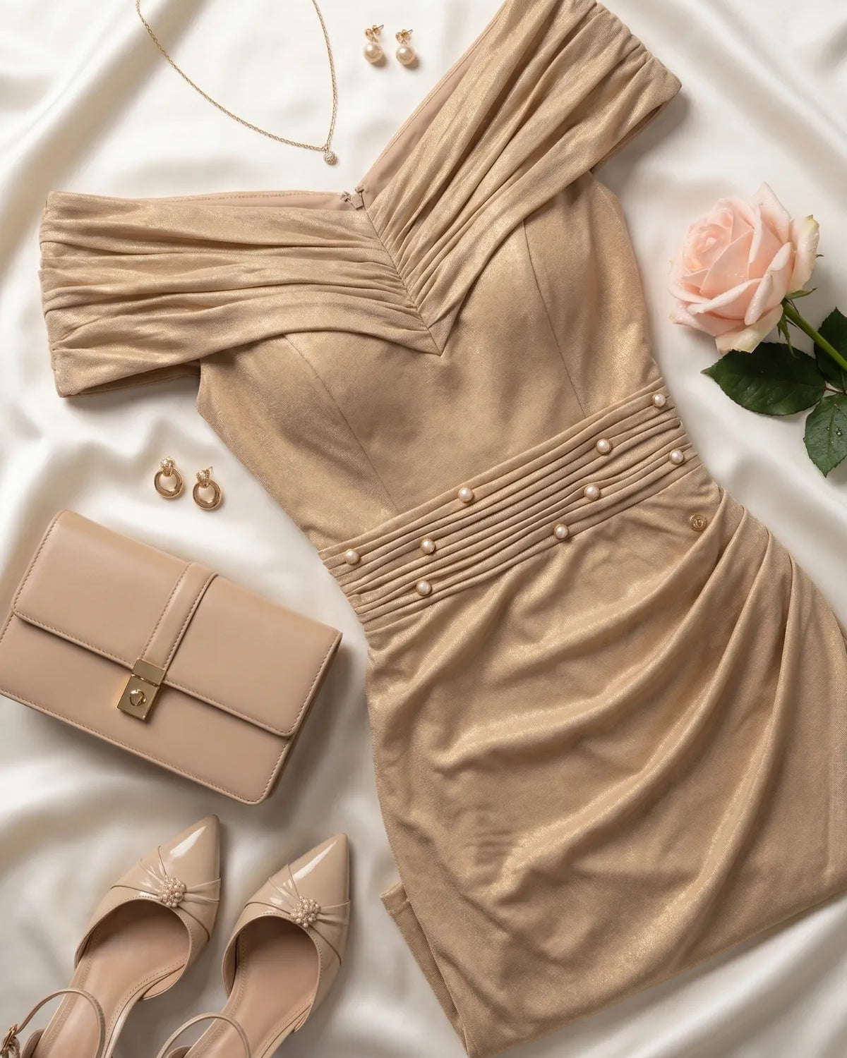 Champagne gold cocktail dress styled on ivory satin with nude pumps, neutral clutch, gold jewelry, and a pale rose