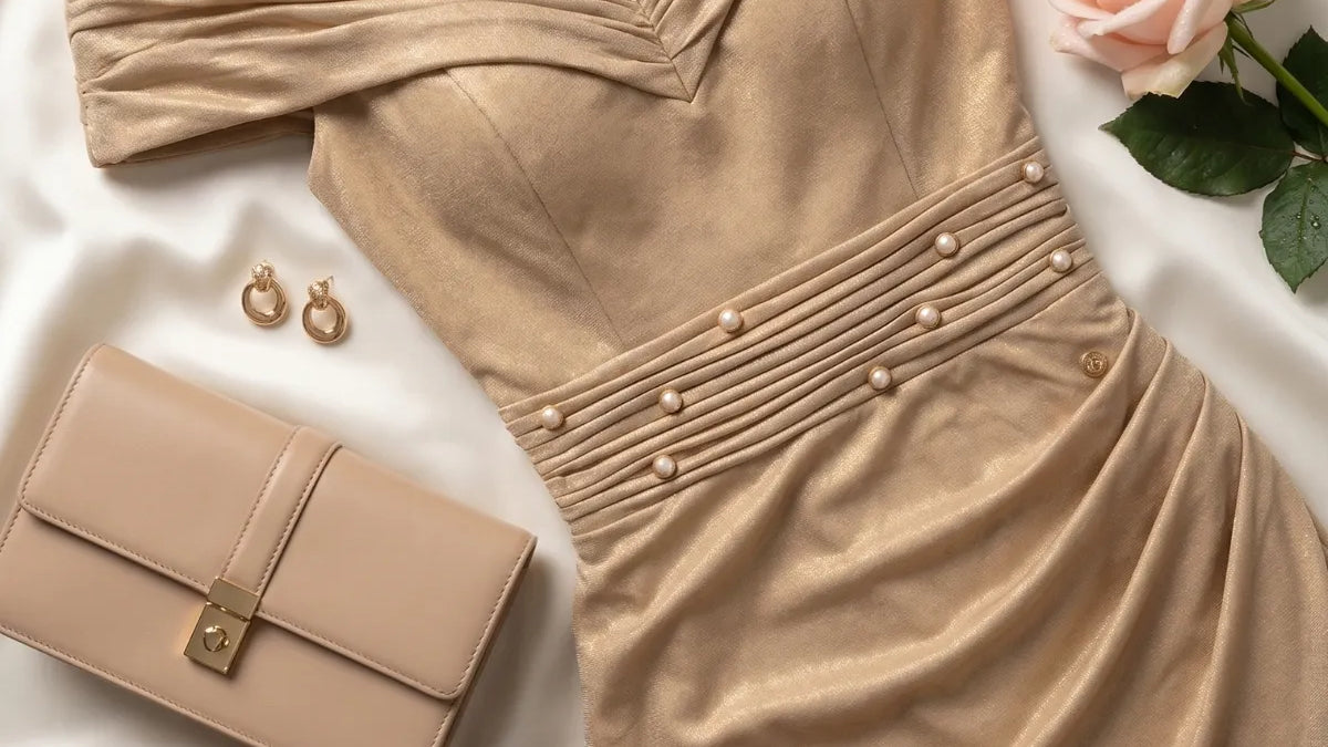 Champagne gold cocktail dress styled on ivory satin with nude pumps, neutral clutch, gold jewelry, and a pale rose