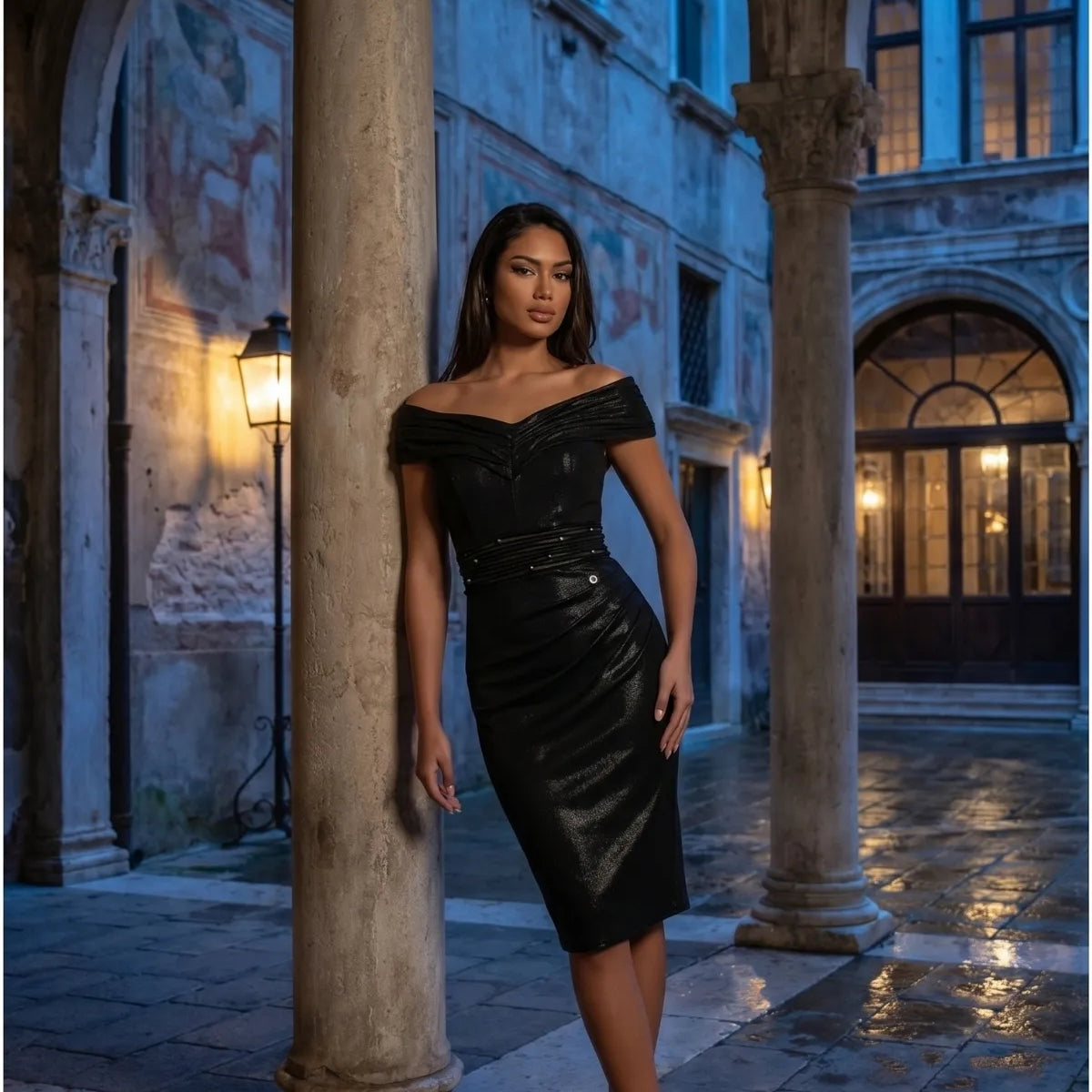 A woman wearing the Luna Iris Off Shoulder Cocktail Dress In Anthracite