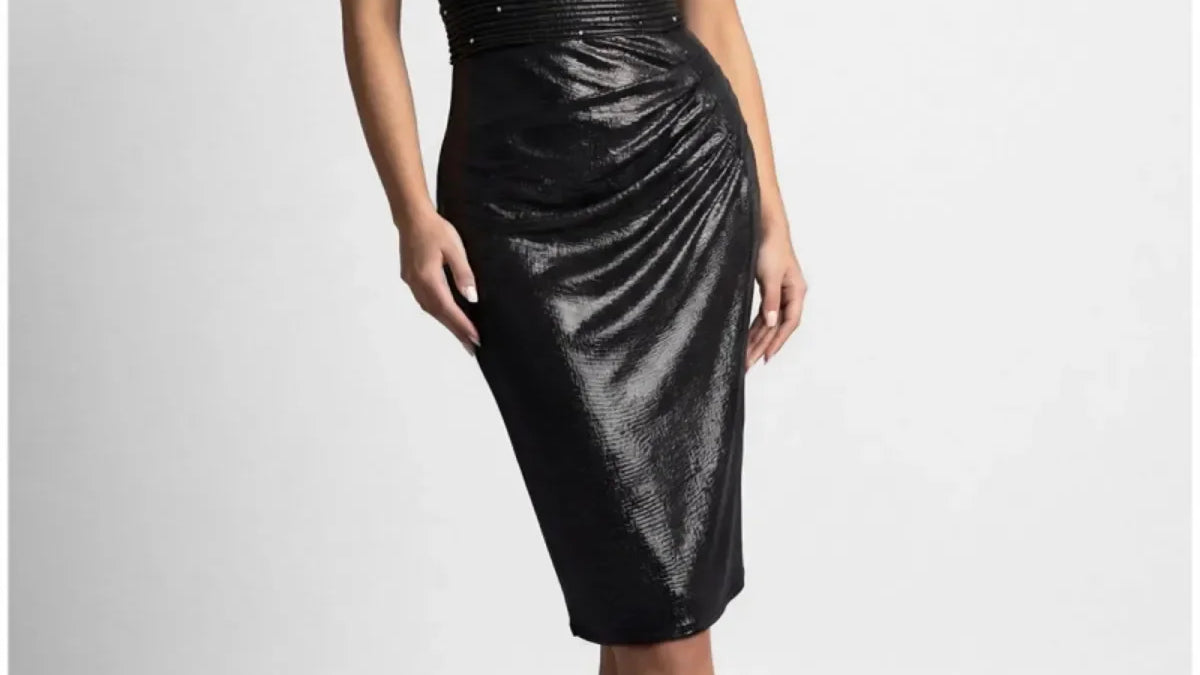 Four elegant handmade cocktail dresses for the mother of the bride displayed together, featuring an anthracite off-shoulder style, a black corset dress, a burgundy lace design, and a gold metallic dress