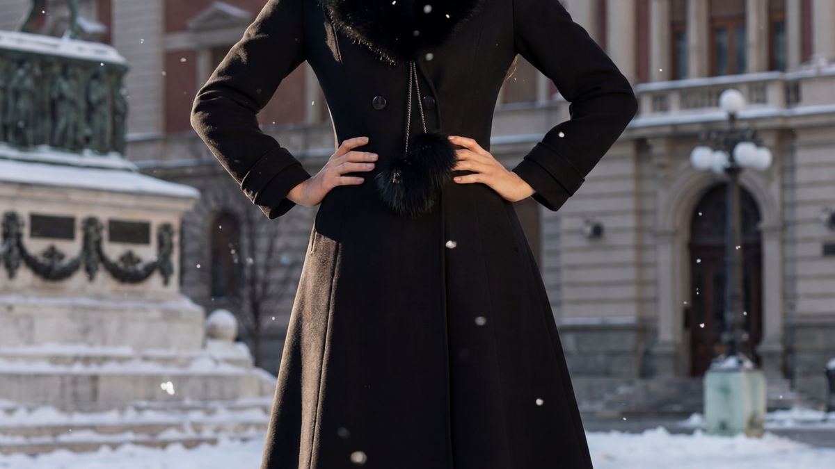 Black wool coat with the faux fur collar, worn in a city square in the snow