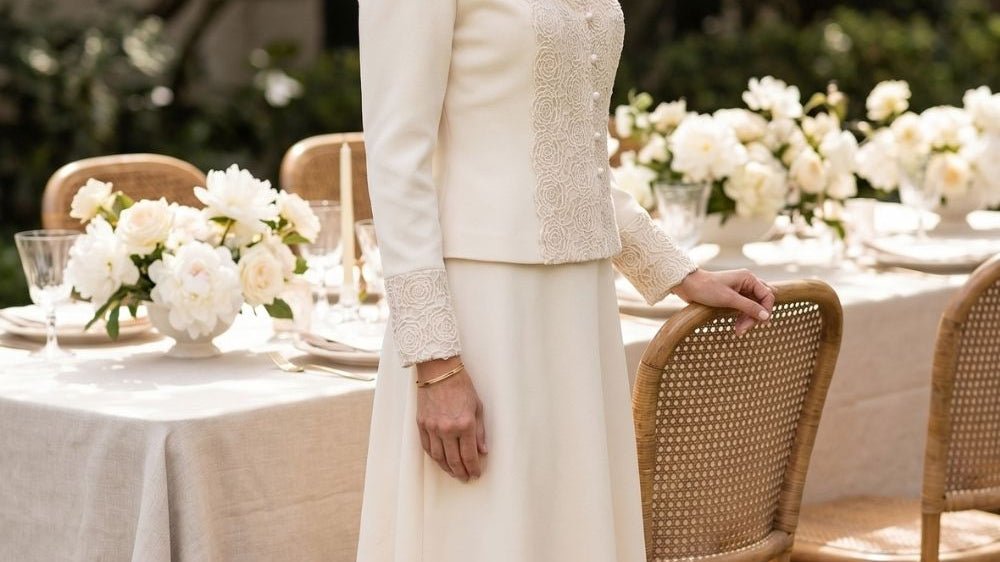 Wedding guest dress for a woman over 50, in a refined adult palette