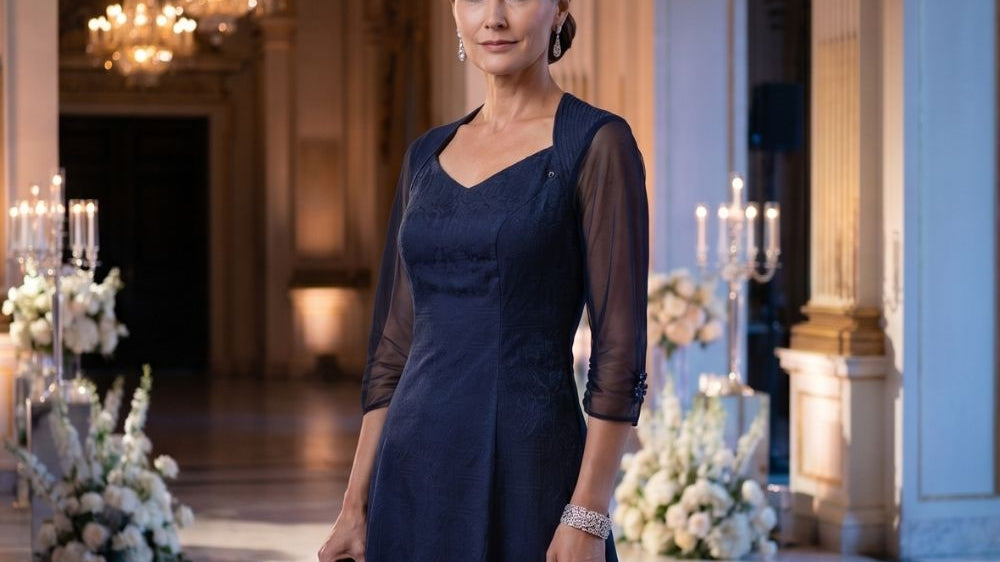 Mother of the bride dressed for a winter wedding, in cold-season tailoring