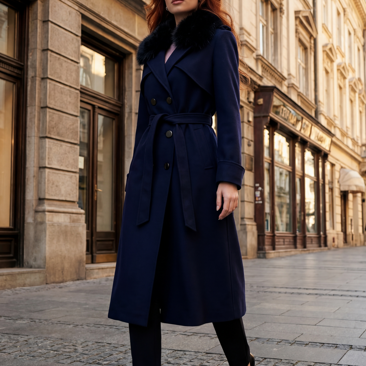 Navy Wool Trench Coat, Clara by Luna Fashion House, handcrafted in Europe, styled for an occasion