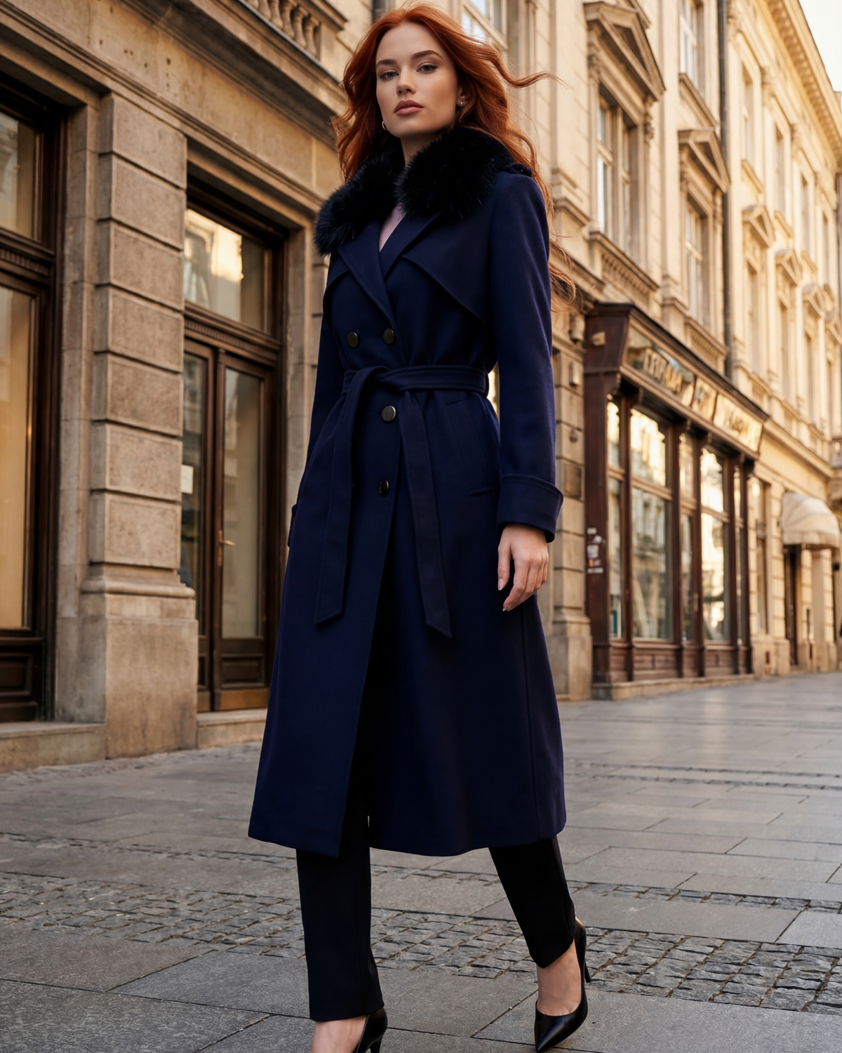 Navy Wool Trench Coat, Clara by Luna Fashion House, handcrafted in Europe, styled for an occasion