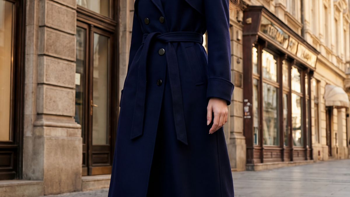 Navy Wool Trench Coat, Clara by Luna Fashion House, handcrafted in Europe, styled for an occasion