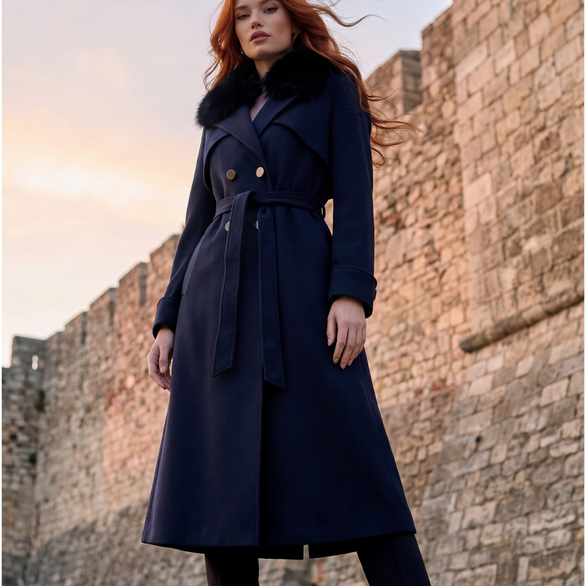 Clara Wool Trench Coat in Navy Blue. Trench coat. Self-tie waist belt.