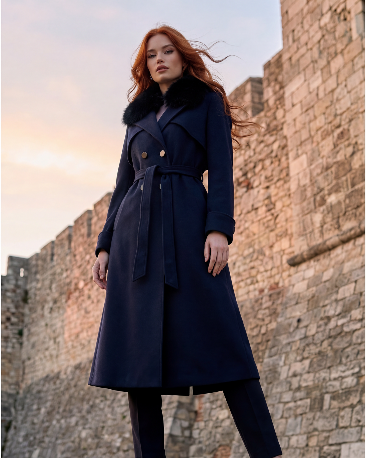 Navy wool trench coat, Clara, double-breasted with a black faux fur collar and a tie belt, worn over navy pants on a stone fortress wall at dusk