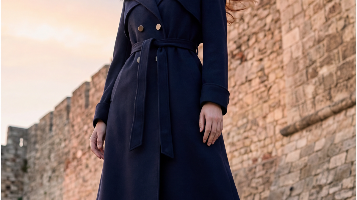 Navy wool trench coat, belted, worn on a stone street at dusk