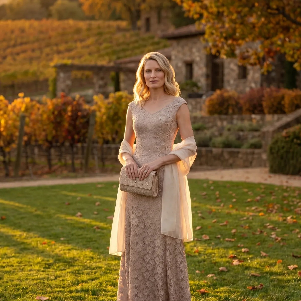 Beige Maxi Lace Gown, Bruna by Luna Fashion House, handcrafted in Europe, styled for an occasion