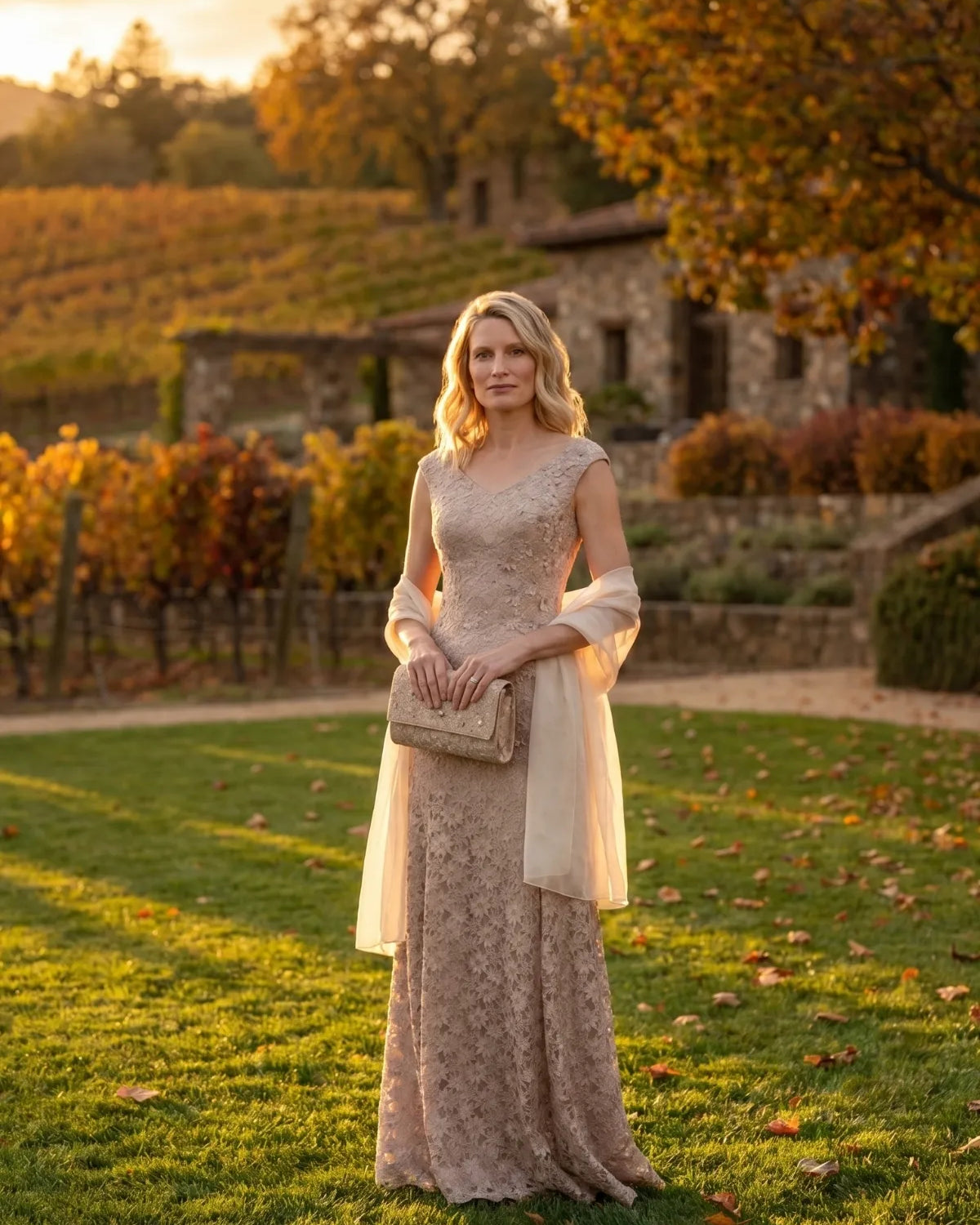 Beige Maxi Lace Gown, Bruna by Luna Fashion House, handcrafted in Europe, styled for an occasion