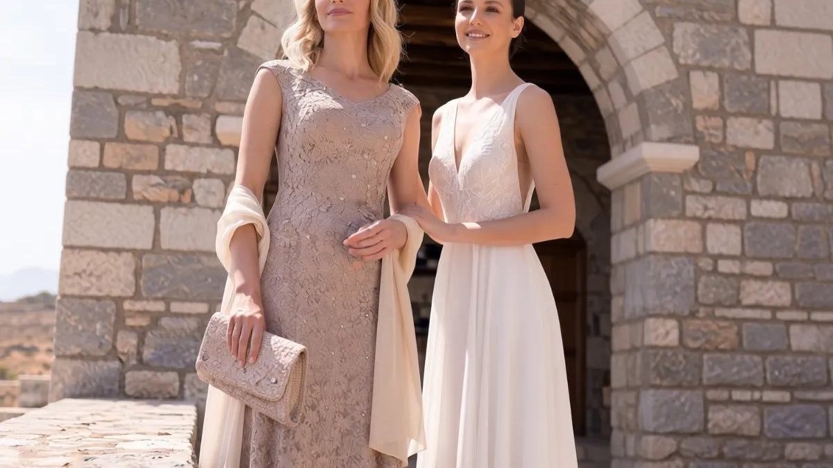 Mother of the bride dress options in ivory and jewel tones on display