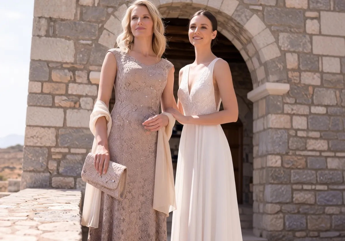 Mother of the bride dress options in ivory and jewel tones on display