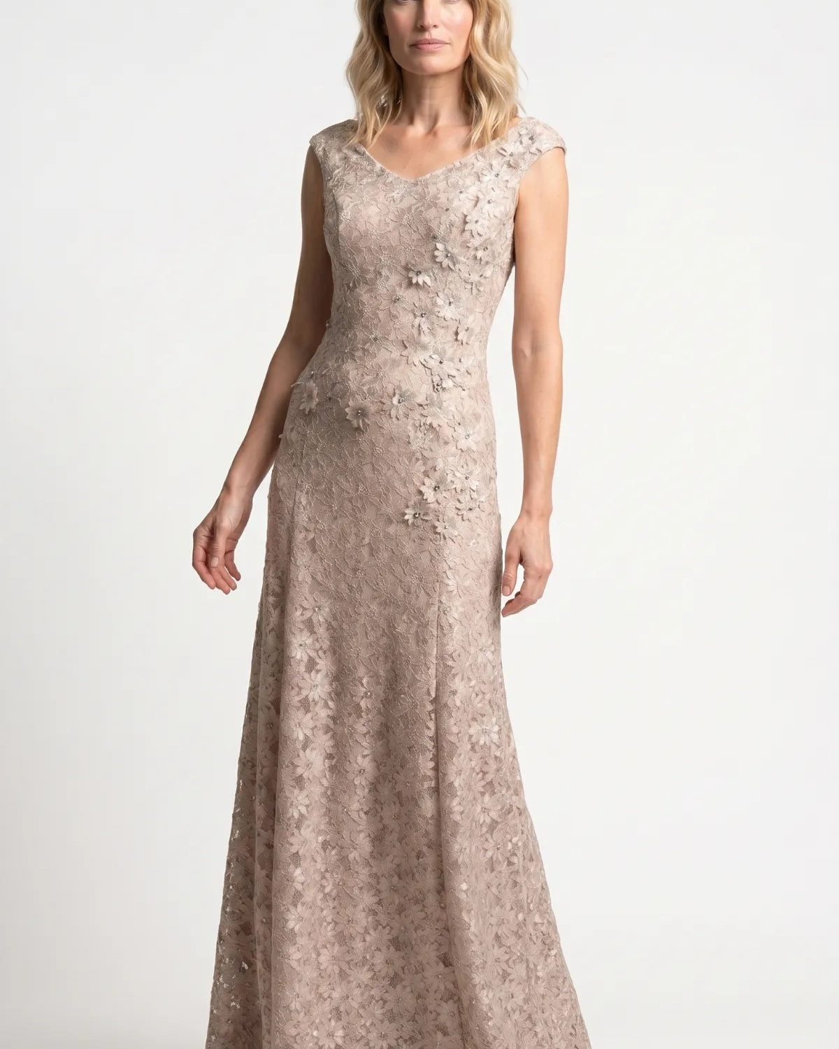 Selection of handmade European lace occasion gowns and eveningwear dresses from Luna Fashion House displayed as alternatives to Tadashi Shoji