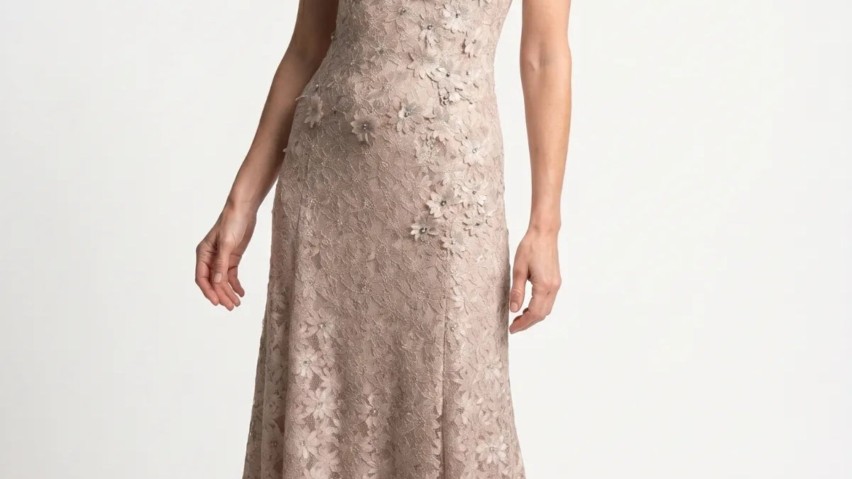 Selection of elegant handmade mother of the bride gowns from Luna Fashion House including lace maxi gowns in beige and ivory and a navy off-shoulder gown