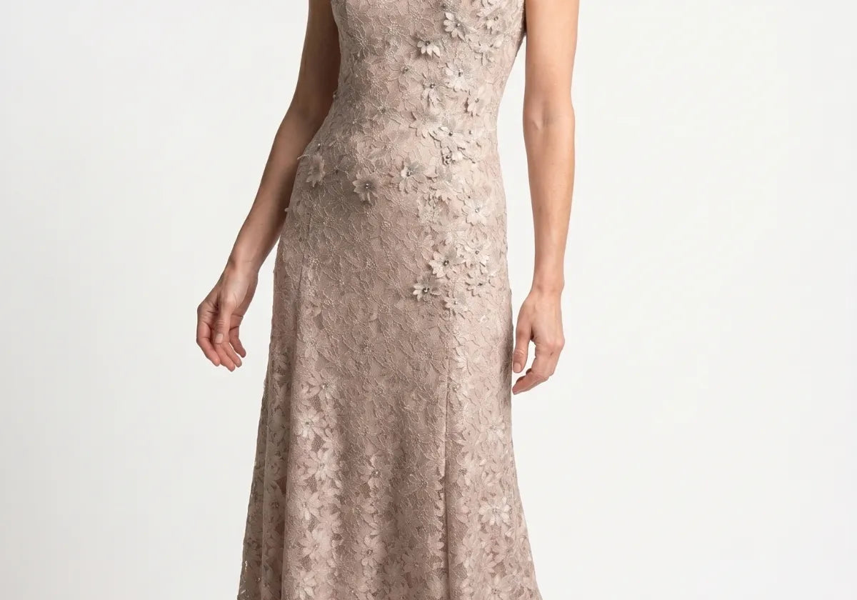 Selection of elegant handmade mother of the bride gowns from Luna Fashion House including lace maxi gowns in beige and ivory and a navy off-shoulder gown