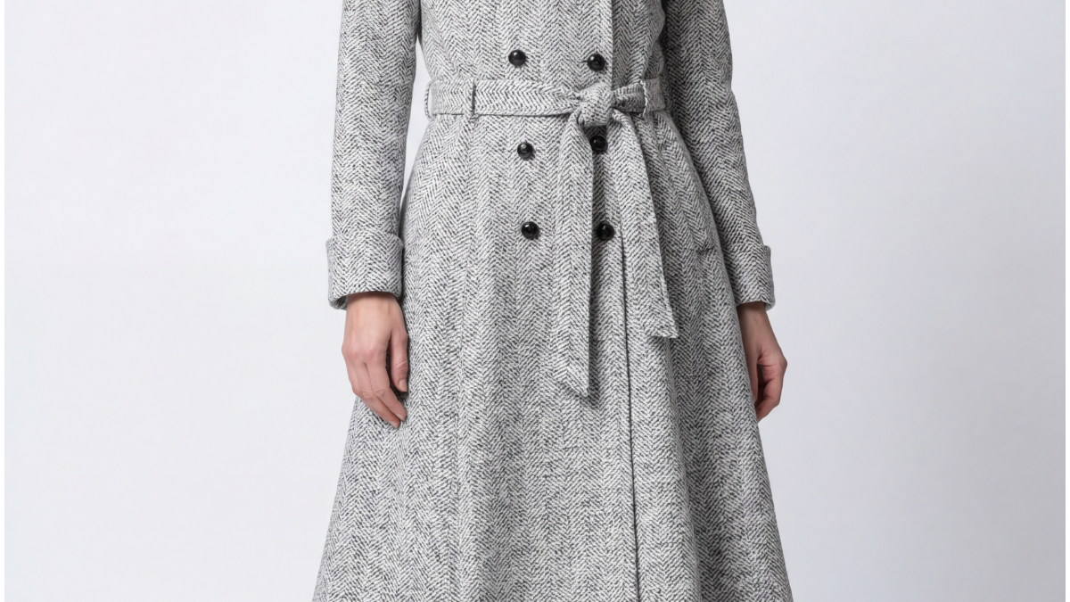 A selection of handmade Luna Fashion House occasion dresses and coats including the Nicole wool wrap coat in gray herringbone and the Emma teal floral jacquard light coat displayed in a European atelier setting